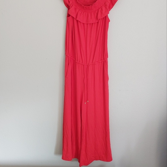 RALPH LAUREN Lauren Off The Shoulder Red Cropped Jumpsuit Medium Spring Rare - Picture 9 of 9